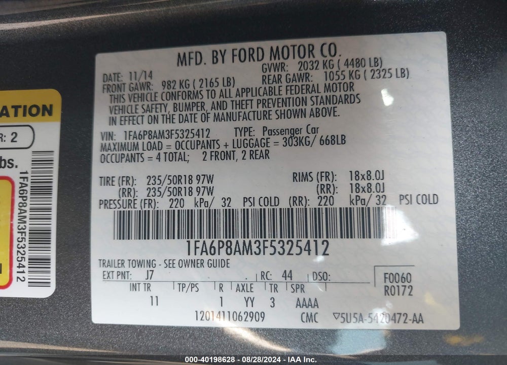 2015 FORD MUSTANG VIN: 1FA6P8AM3F5325412