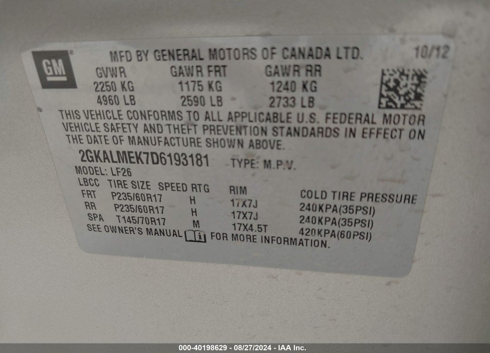 2013 GMC TERRAIN SLE-1 VIN: 2GKALMEK7D6193181