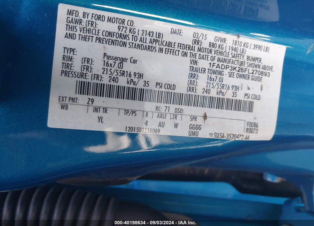 2015 FORD FOCUS SE VIN: 1FADP3K26FL270893