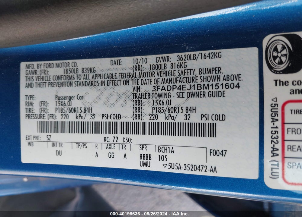 2011 FORD FIESTA SE VIN: 3FADP4EJ1BM151604