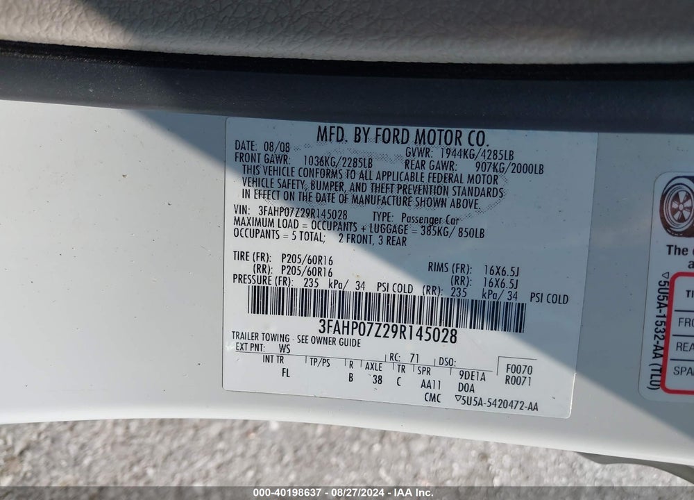 2009 FORD FUSION SE VIN: 3FAHP07Z29R145028