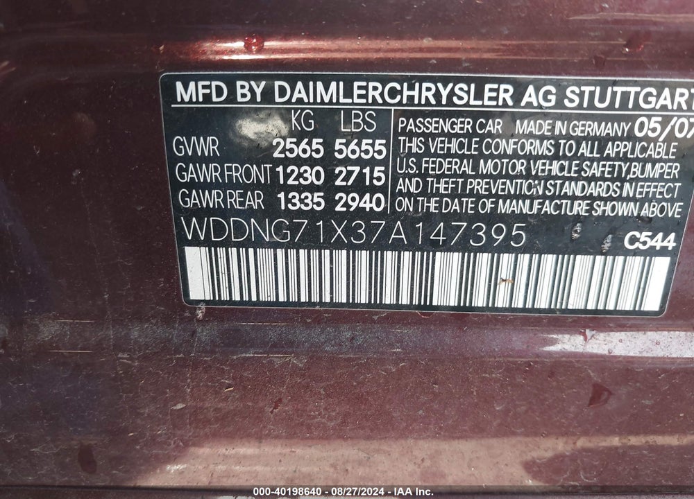 2007 MERCEDES-BENZ S 550 VIN: WDDNG71X37A147395