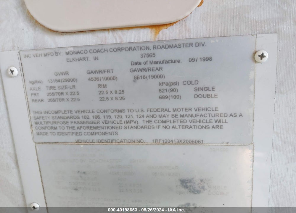 1999 ROADMASTER RAIL DYANASTER VIN: 1RF120413X2006061