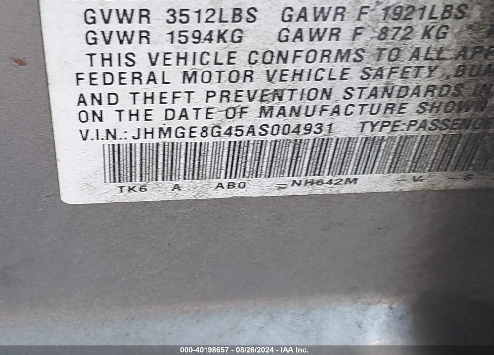2010 HONDA FIT SPORT VIN: JHMGE8G45AS004931