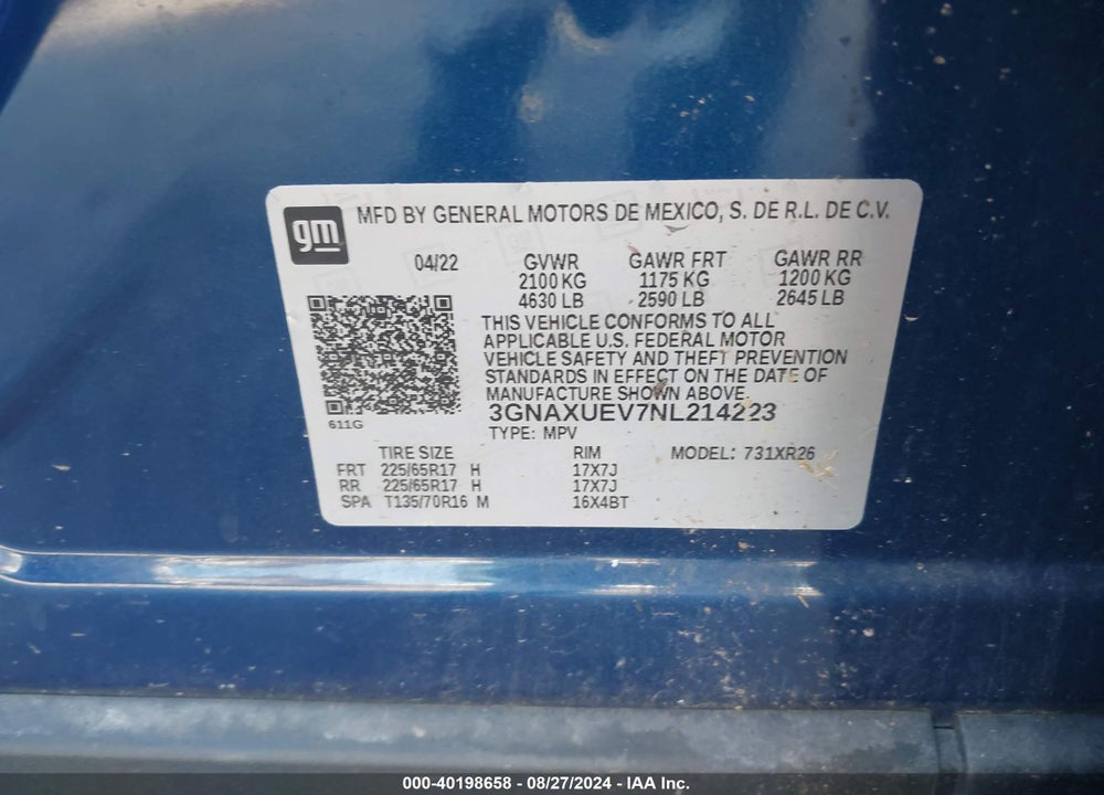 2022 CHEVROLET EQUINOX AWD LT VIN: 3GNAXUEV7NL214223