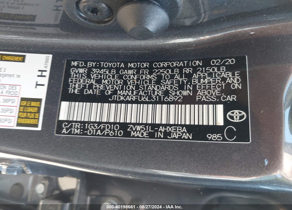2020 TOYOTA PRIUS LE VIN: JTDKARFU6L3116892
