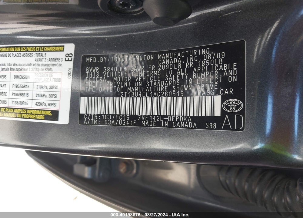 2010 TOYOTA COROLLA LE VIN: 2T1BU4EE1AC260519