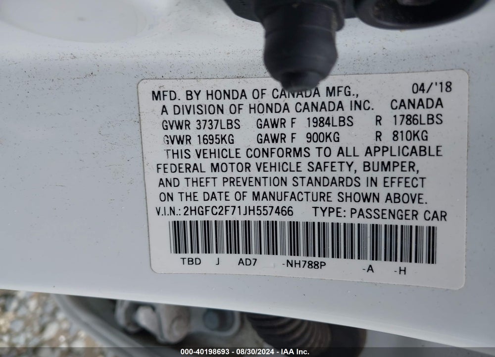 2018 HONDA CIVIC EX VIN: 2HGFC2F71JH557466
