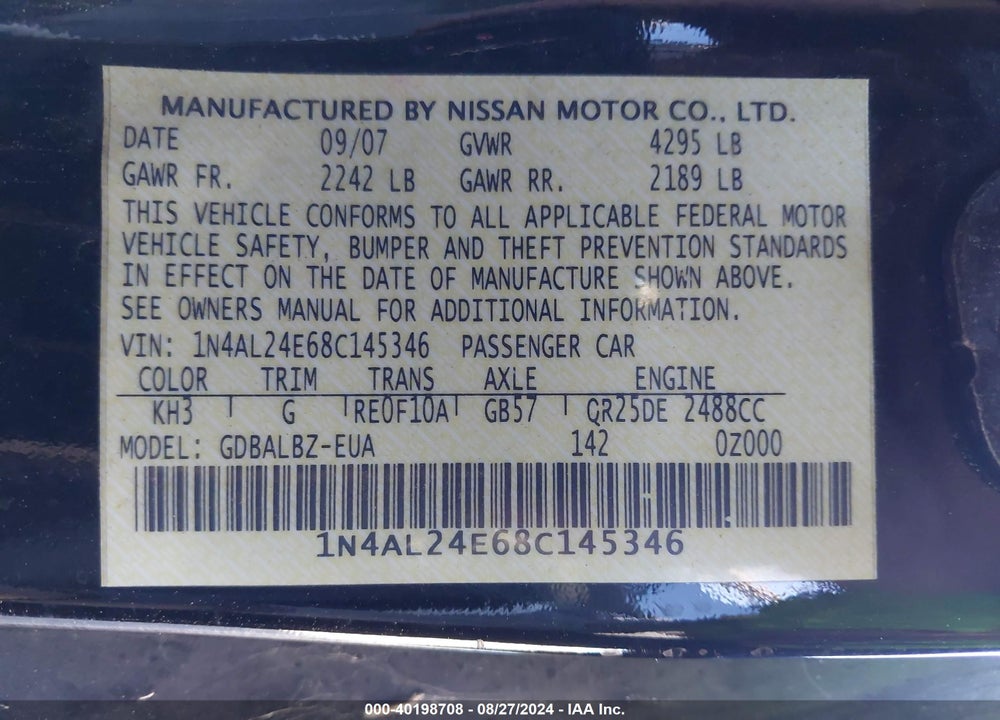 2008 NISSAN ALTIMA 2.5 S VIN: 1N4AL24E68C145346