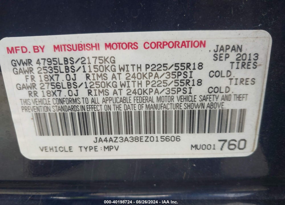 2014 MITSUBISHI OUTLANDER SE VIN: JA4AZ3A38EZ015606
