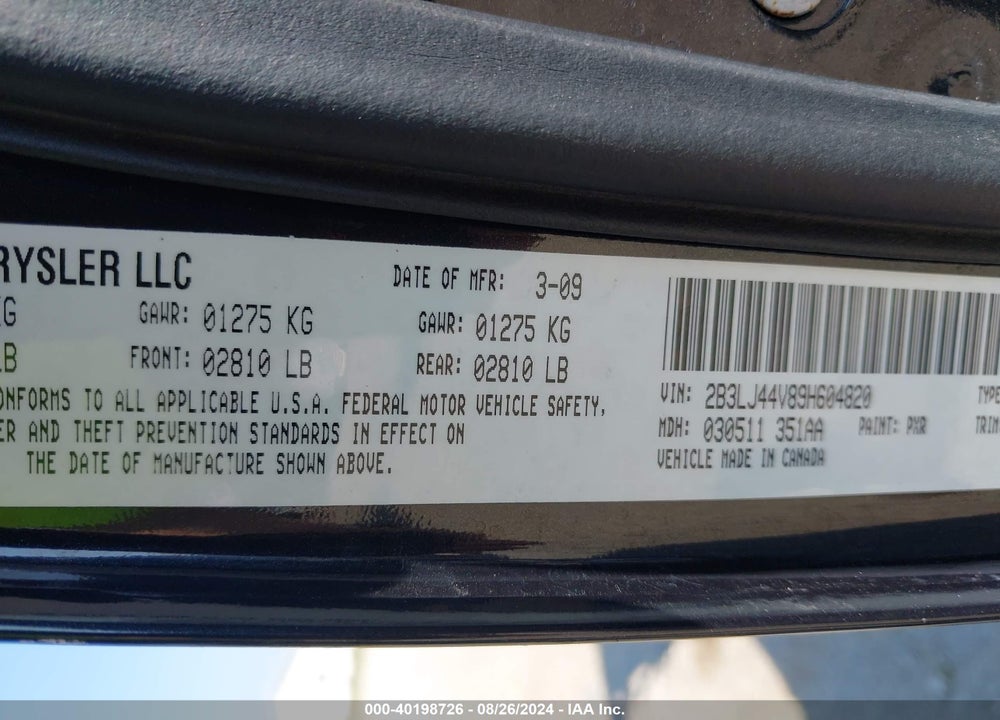 2009 DODGE CHALLENGER SE VIN: 2B3LJ44V89H604820