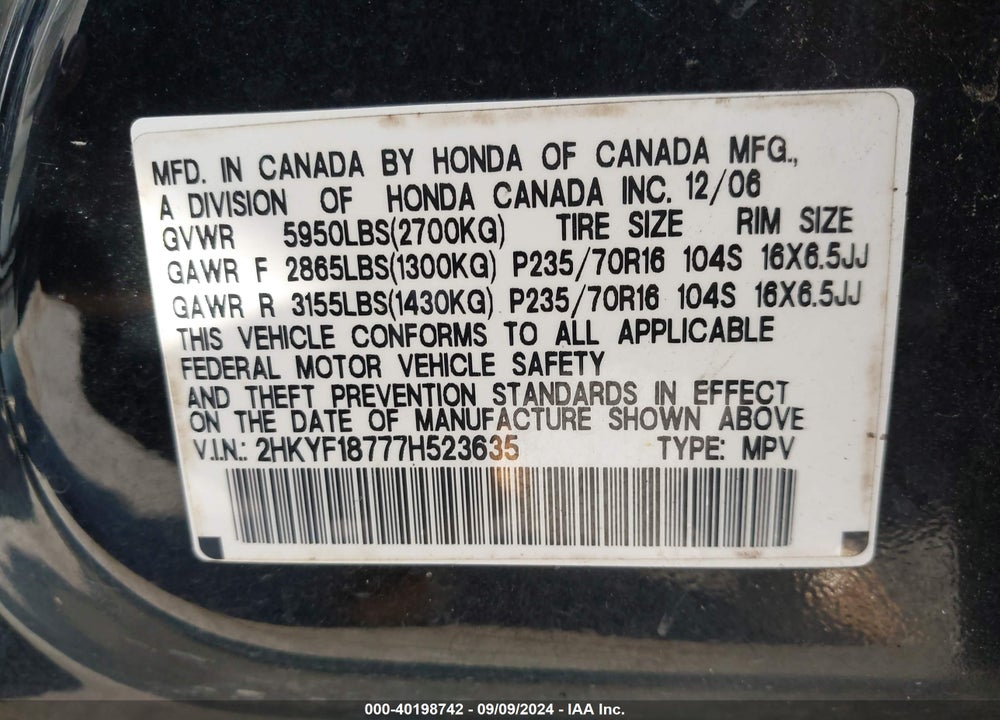 2007 HONDA PILOT VIN: 2HKYF18777H523635