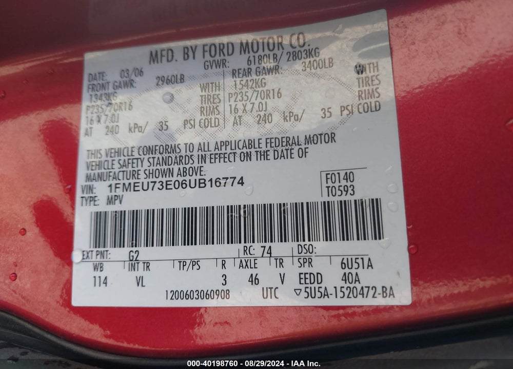2006 FORD EXPLORER XLT VIN: 1FMEU73E06UB16774