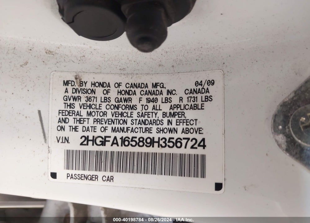 2009 HONDA CIVIC LX VIN: 2HGFA16589H356724