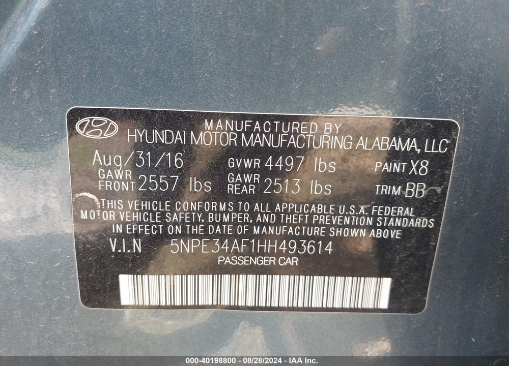 2017 HYUNDAI SONATA SPORT VIN: 5NPE34AF1HH493614
