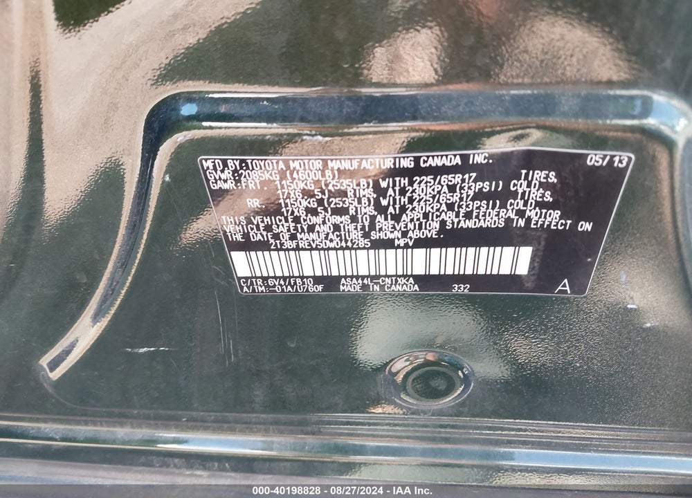 2013 TOYOTA RAV4 VIN: 2T3BFREV5DW044285