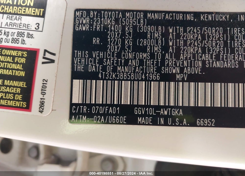 2011 TOYOTA VENZA BASE V6 VIN: 4T3ZK3BB5BU041966