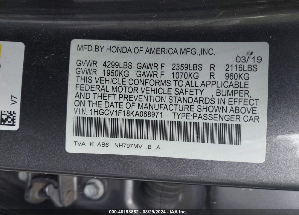 2019 HONDA ACCORD LX VIN: 1HGCV1F18KA068971