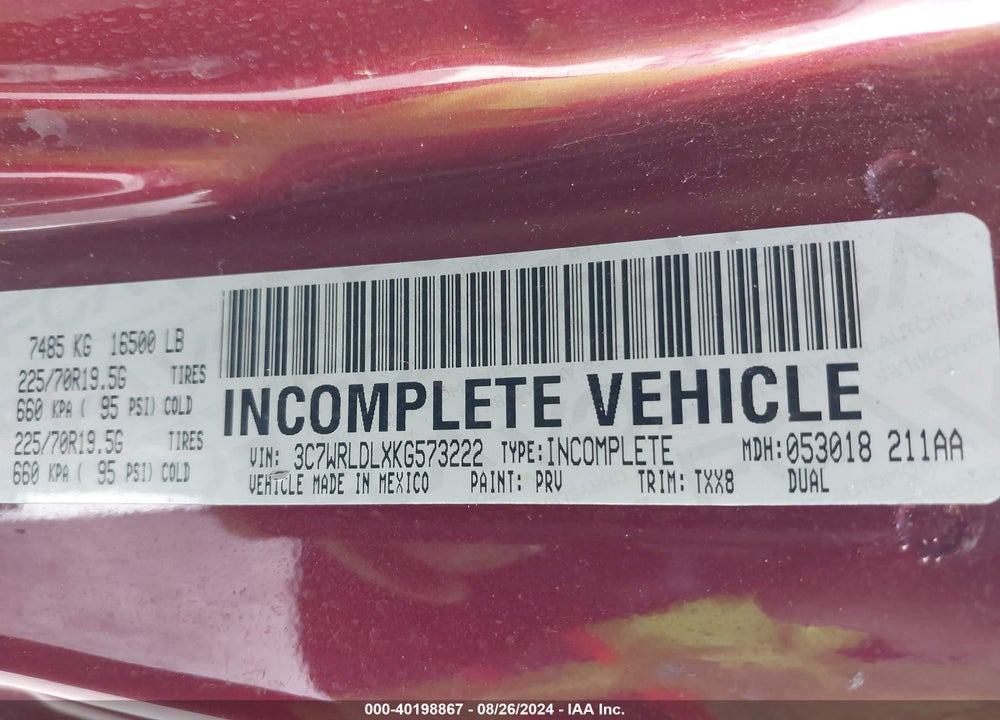 2019 RAM 4500 CHASSIS TRADESMAN/SLT VIN: 3C7WRLDLXKG573222