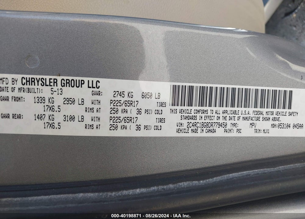 2013 CHRYSLER TOWN & COUNTRY TOURING VIN: 2C4RC1BG8DR779450