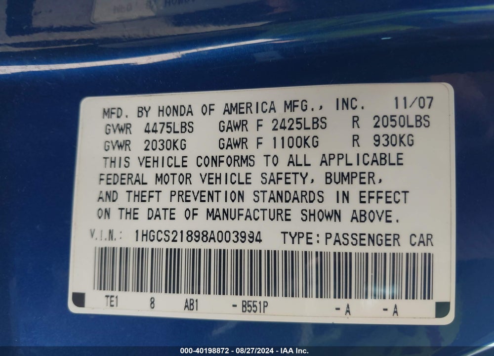 2008 HONDA ACCORD 3.5 EX-L VIN: 1HGCS21898A003994
