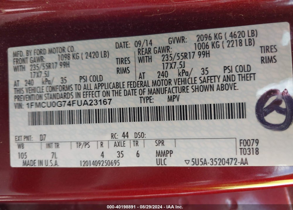 2015 FORD ESCAPE SE VIN: 1FMCU0G74FUA23167