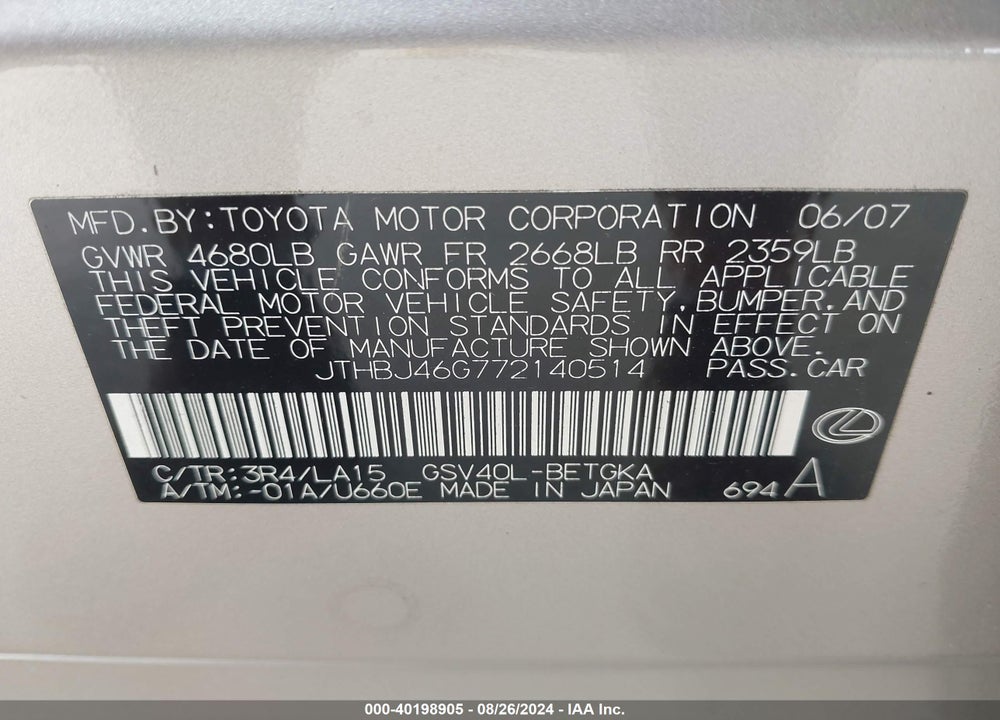 2007 LEXUS ES 350 VIN: JTHBJ46G772140514