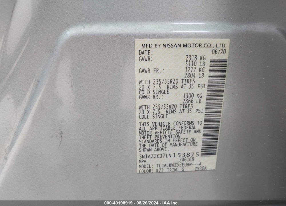 2020 NISSAN MURANO SL FWD VIN: 5N1AZ2CJ7LN153875