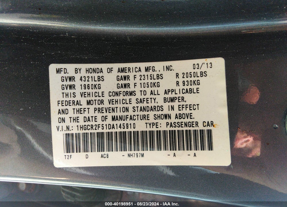 2013 HONDA ACCORD SPORT VIN: 1HGCR2F51DA145910