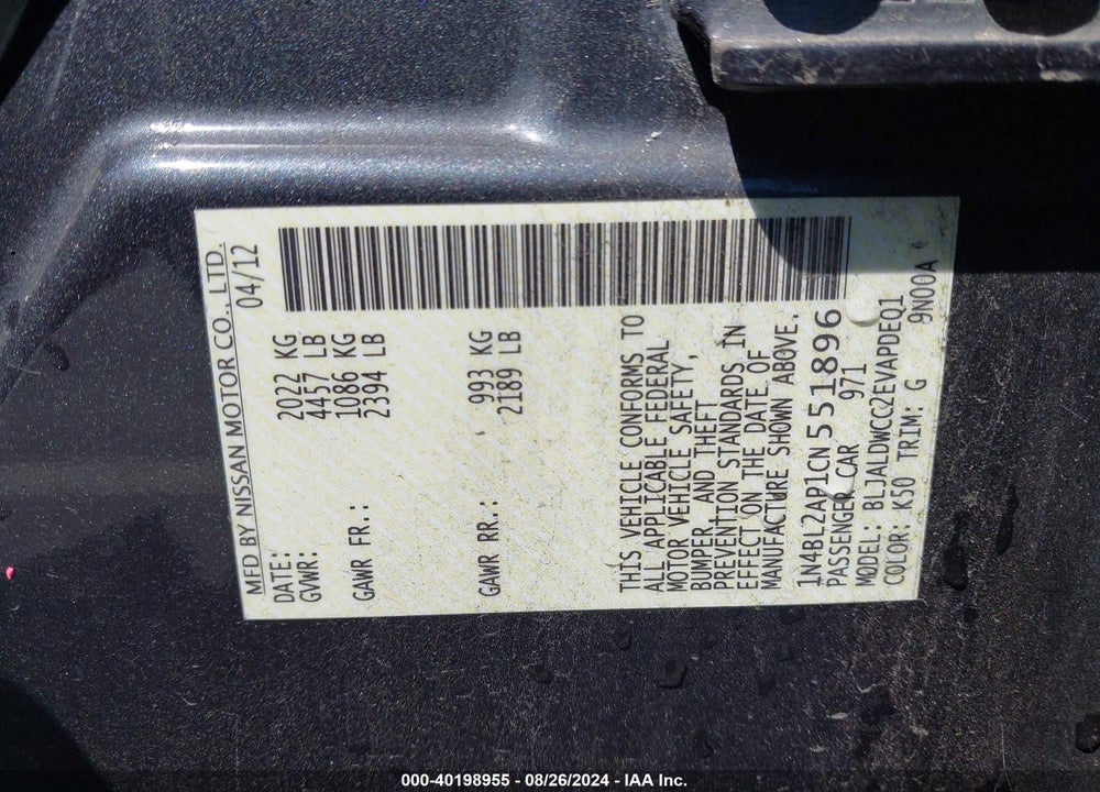 2012 NISSAN ALTIMA 3.5 SR VIN: 1N4BL2AP1CN551896