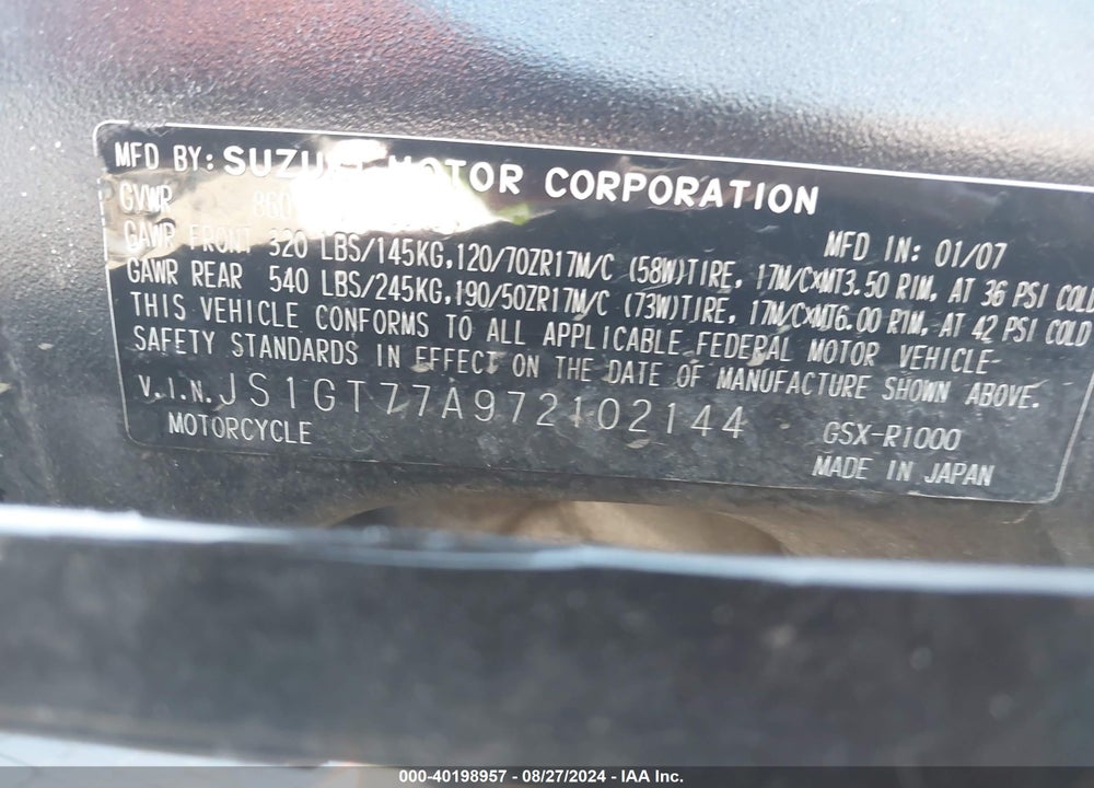 2007 SUZUKI GSX-R1000 VIN: JS1GT77A972102144