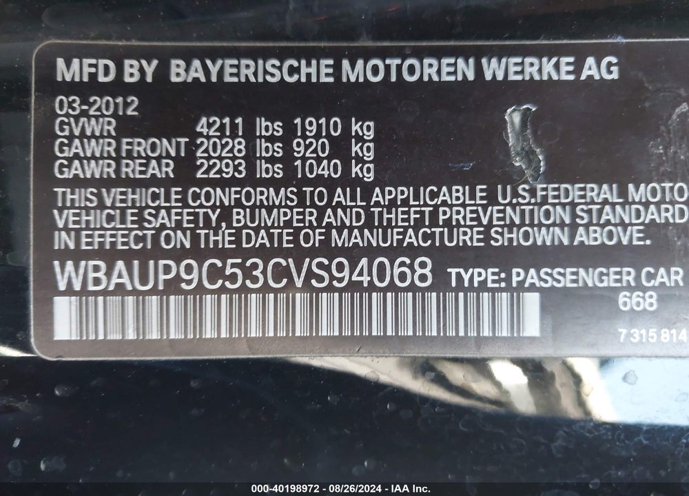 2012 BMW 128I VIN: WBAUP9C53CVS94068