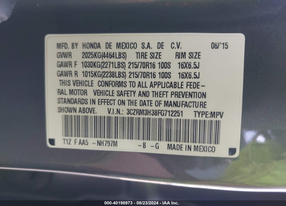 2015 HONDA CR-V LX VIN: 3CZRM3H38FG712251