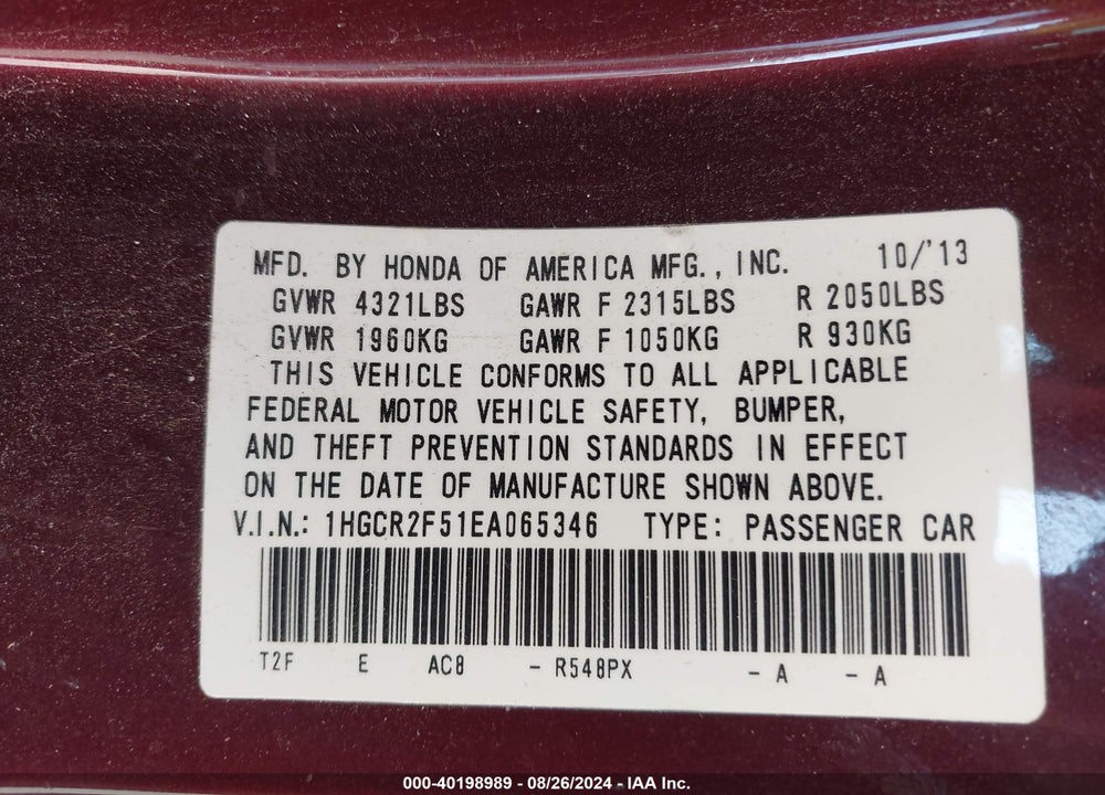 2014 HONDA ACCORD SPORT VIN: 1HGCR2F51EA065346