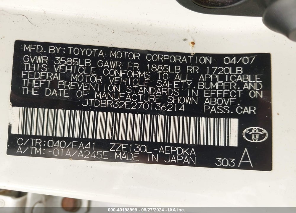 2007 TOYOTA COROLLA CE VIN: JTDBR32E270136214