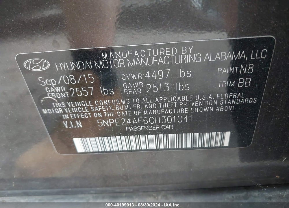 2016 HYUNDAI SONATA SE VIN: 5NPE24AF6GH301041