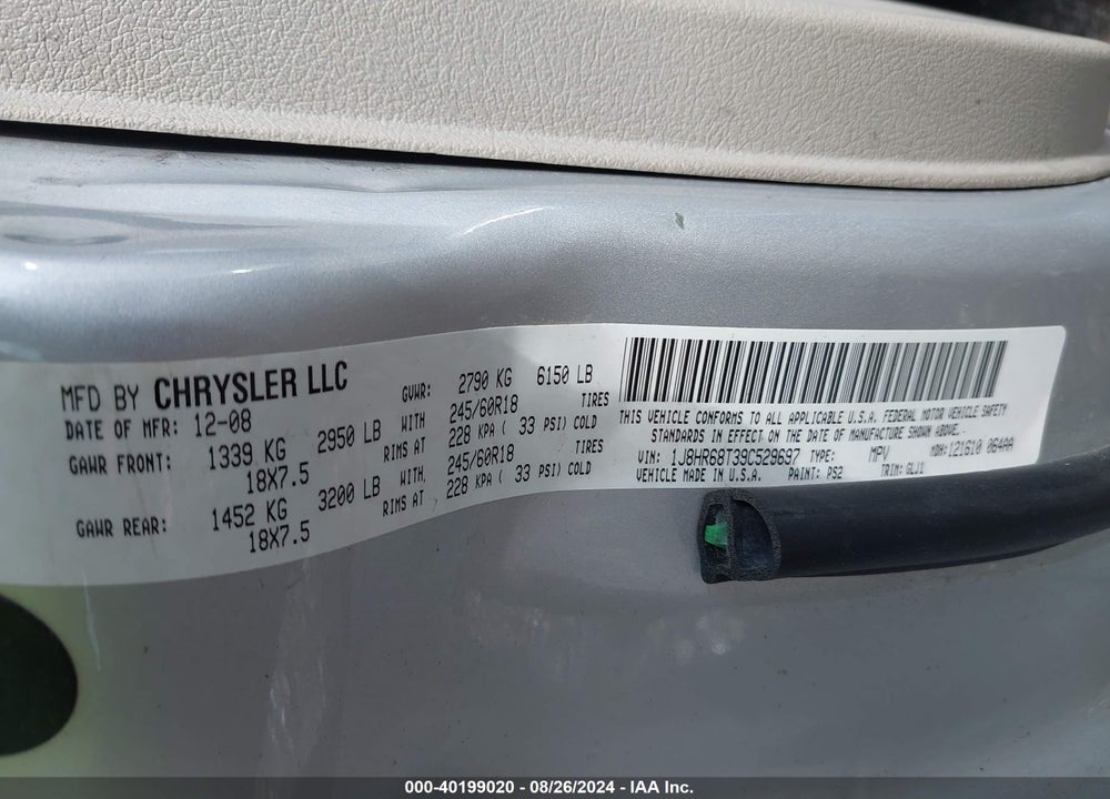2009 JEEP GRAND CHEROKEE OVERLAND VIN: 1J8HR68T39C529697