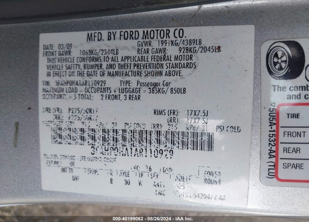 2010 FORD FUSION SE VIN: 3FAHP0HA1AR110929