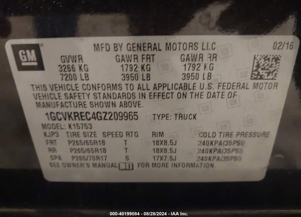 2016 CHEVROLET SILVERADO 1500 1LT VIN: 1GCVKREC4GZ209965