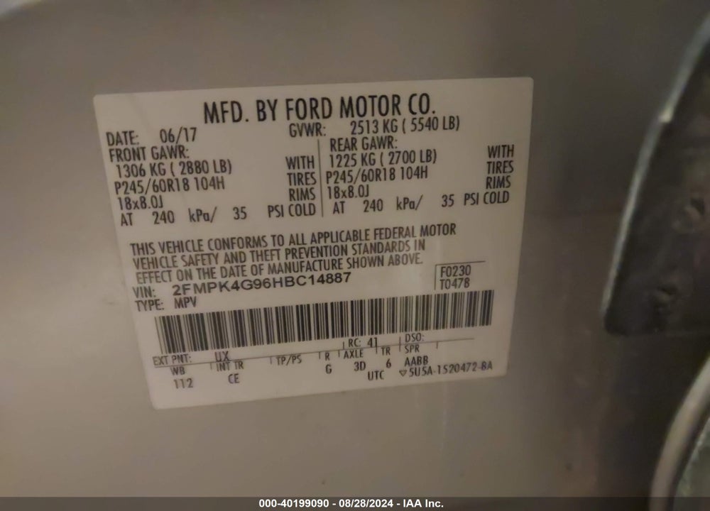 2017 FORD EDGE SE VIN: 2FMPK4G96HBC14887