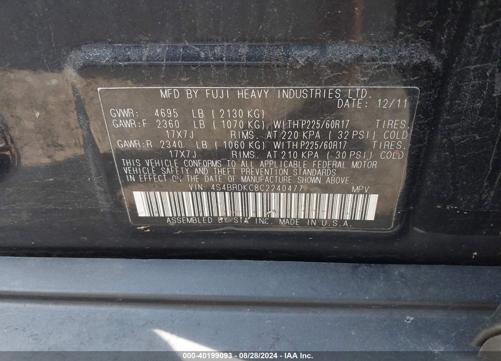 2012 SUBARU OUTBACK 3.6R LIMITED VIN: 4S4BRDKC8C2240477