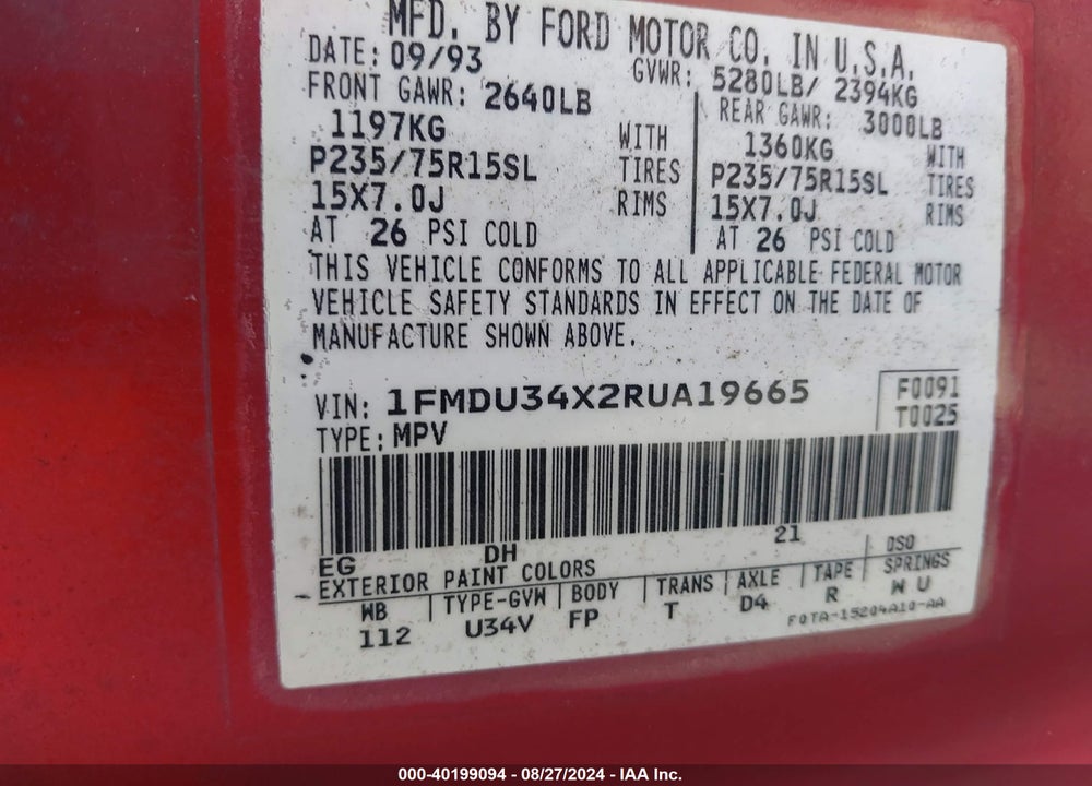 1994 FORD EXPLORER VIN: 1FMDU34X2RUA19665