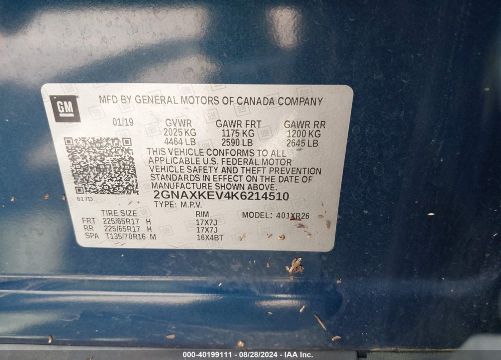 2019 CHEVROLET EQUINOX LT VIN: 2GNAXKEV4K6214510