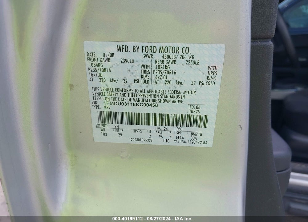 2008 FORD ESCAPE XLT VIN: 1FMCU03118KC90458