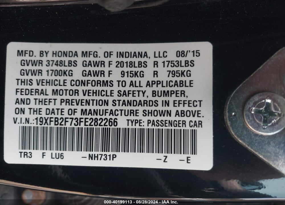 2015 HONDA CIVIC VIN: 19XFB2F73FE282266