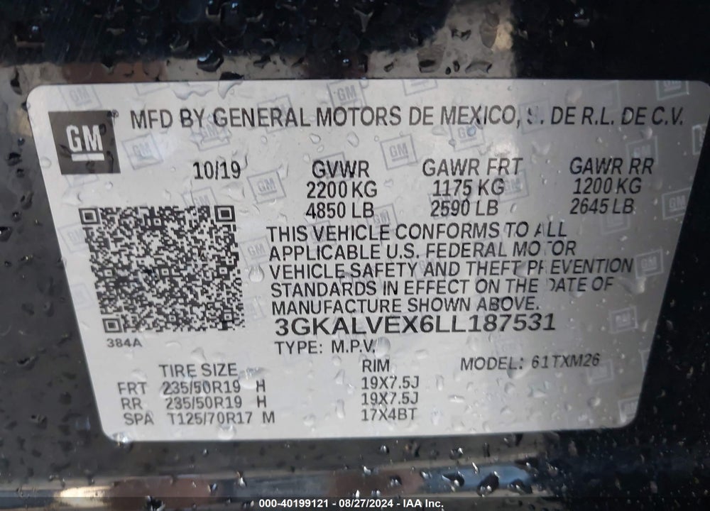 2020 GMC TERRAIN AWD SLT VIN: 3GKALVEX6LL187531