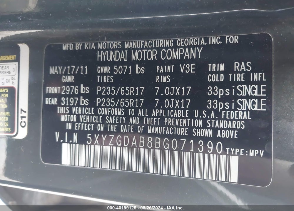2011 HYUNDAI SANTA FE GLS VIN: 5XYZGDAB8BG071390