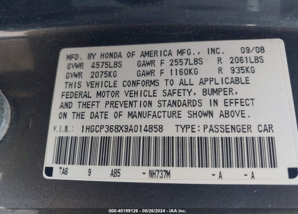 2009 HONDA ACCORD 3.5 EX-L VIN: 1HGCP368X9A014858