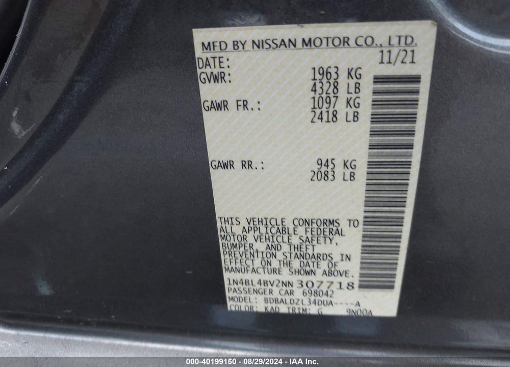 2022 NISSAN ALTIMA S FWD VIN: 1N4BL4BV2NN307718