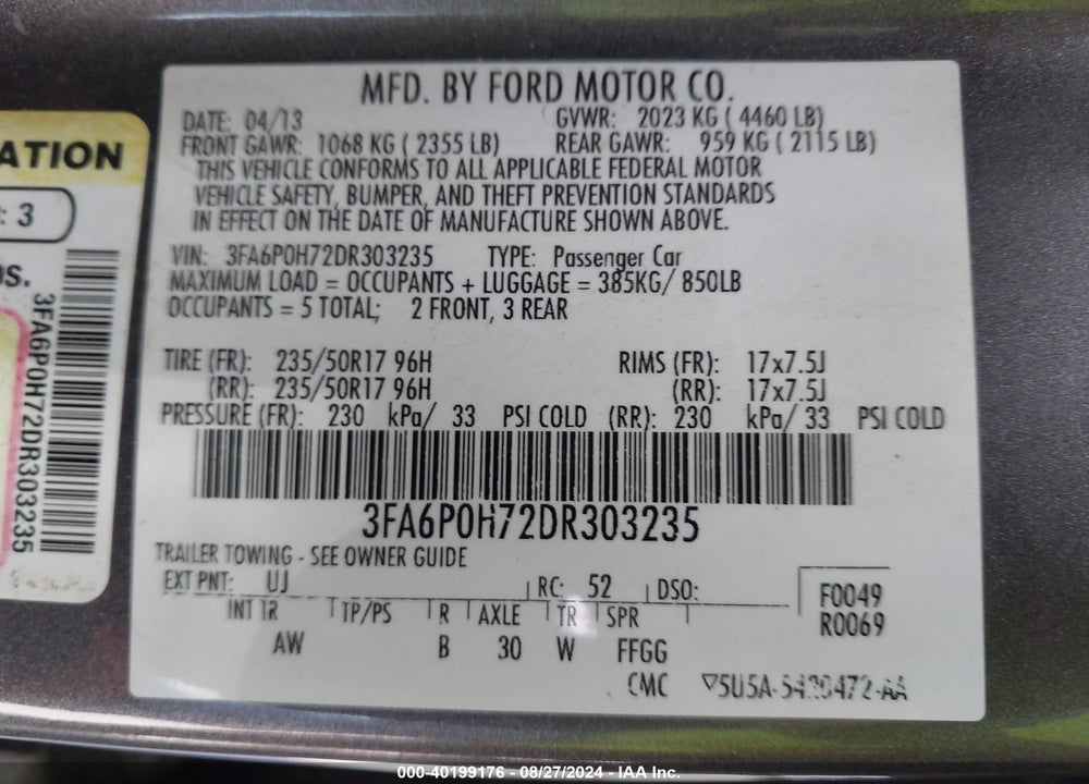 2013 FORD FUSION SE VIN: 3FA6P0H72DR303235